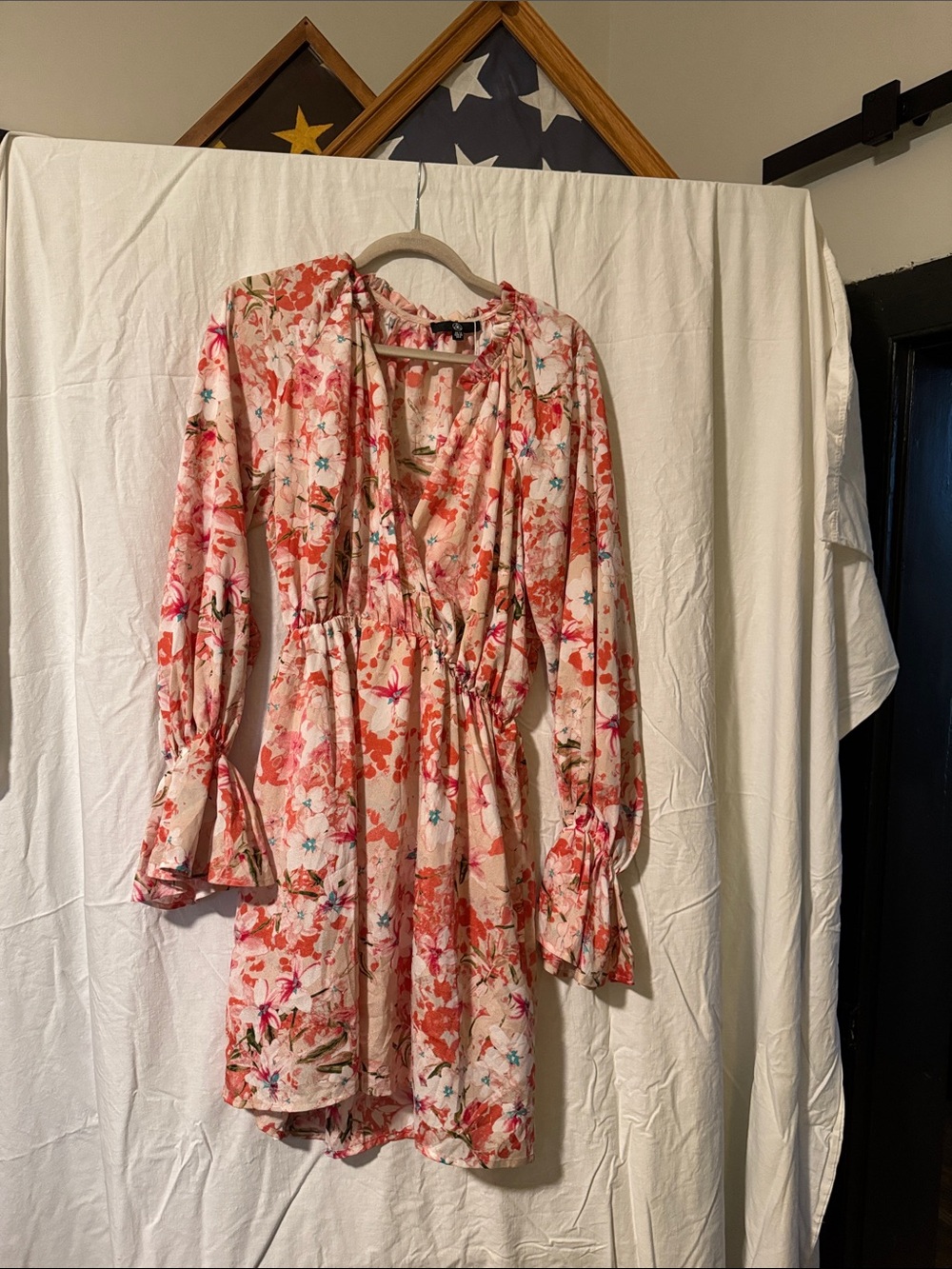 Floral V-Neck Long Sleeve Mini Dress - Pink Floral